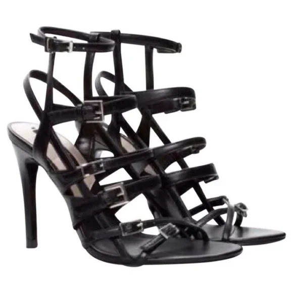 Zara Black Leather Strappy Sandals Stiletto Size 37 - Picture 1 of 6